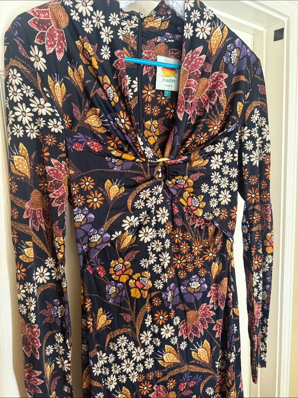 FARM Rio Black Floral Twist-Front Midi Dress with Multicolor Blooms